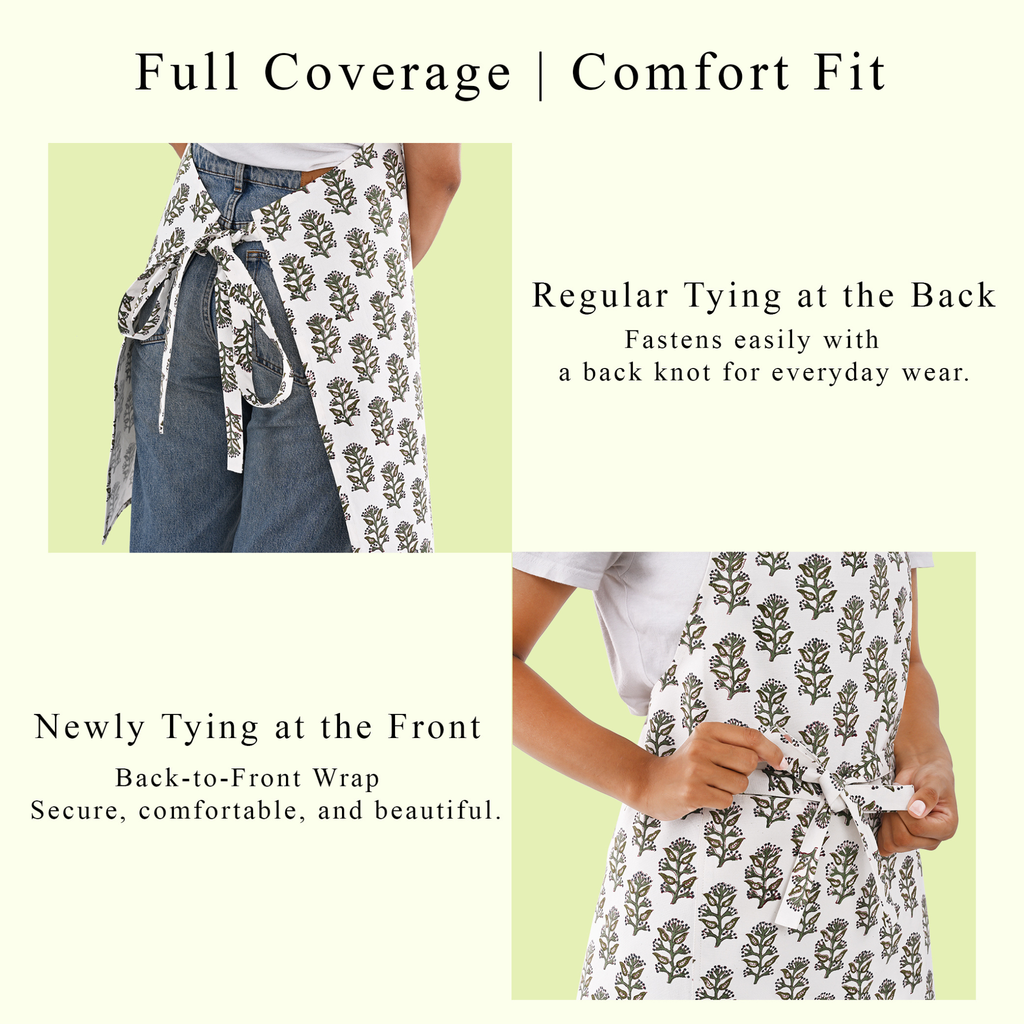 Product description of a wrap with text on full coverage, comfort fit, and tying methods.