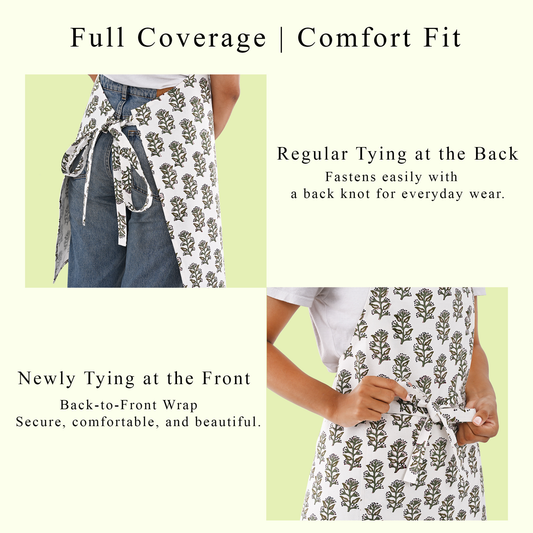 Product description of a wrap with text on full coverage, comfort fit, and tying methods.