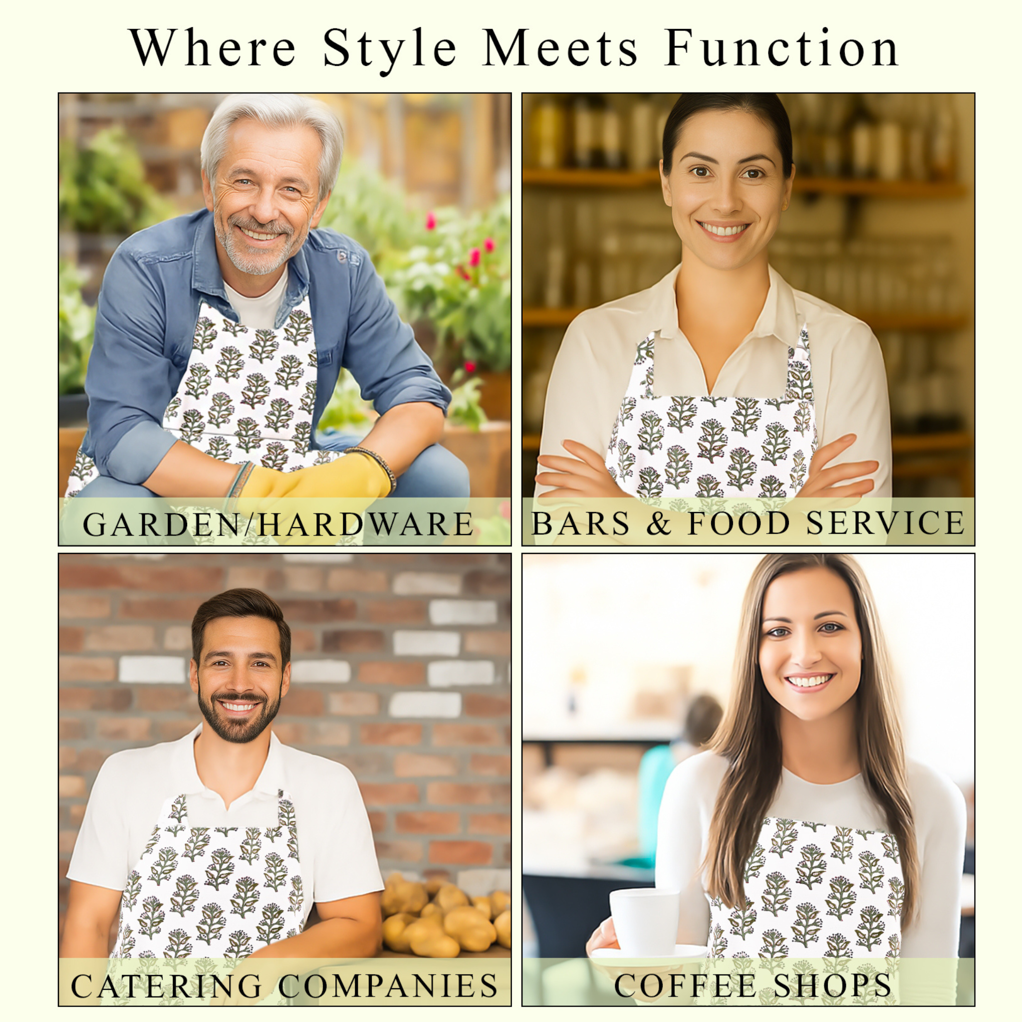 Four people wearing aprons in different settings with text indicating their use cases.