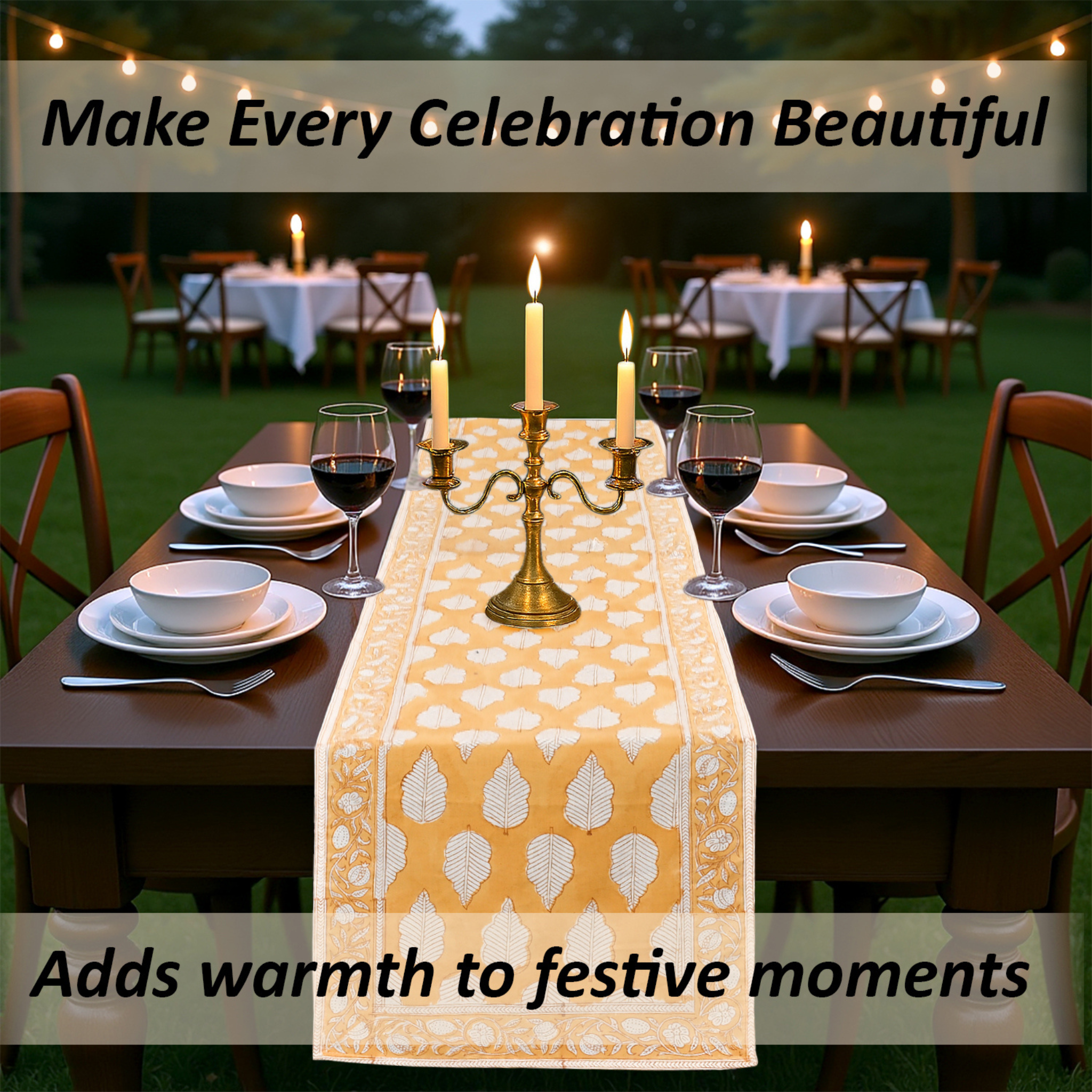 Dining table set for a celebration with candles and a decorative tablecloth, text overlay about making celebrations beautiful.