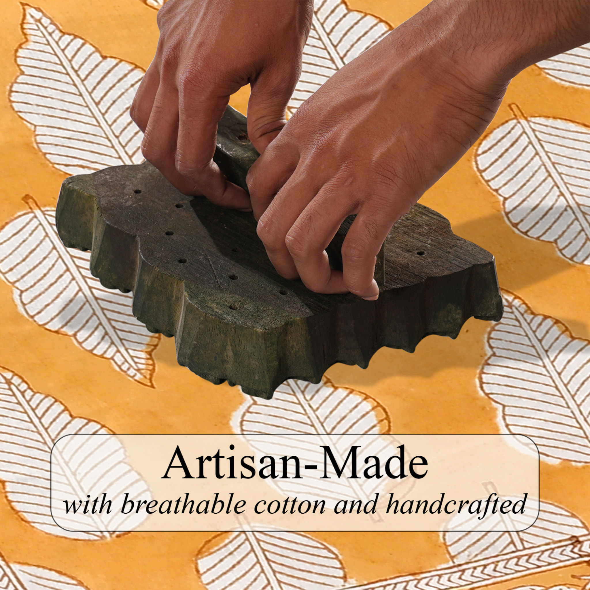 Hands pressing a green block into a mold with a yellow background and leaf pattern.