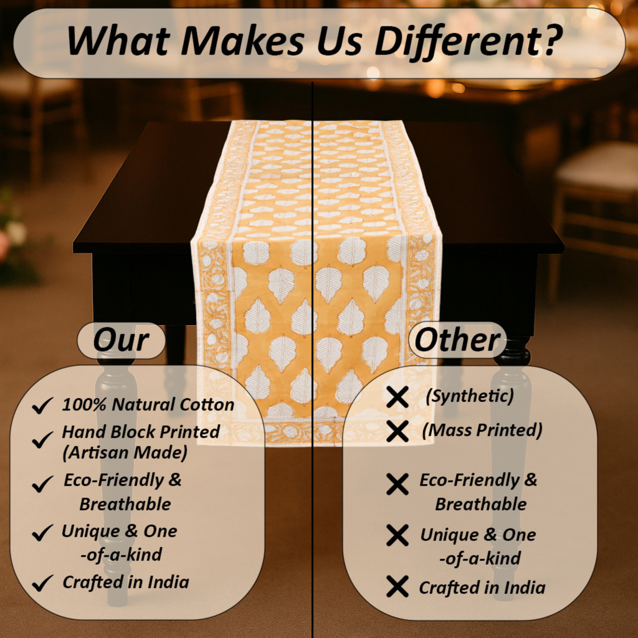 Comparison chart highlighting the differences between 100% natural cotton table runner and synthetic alternatives.