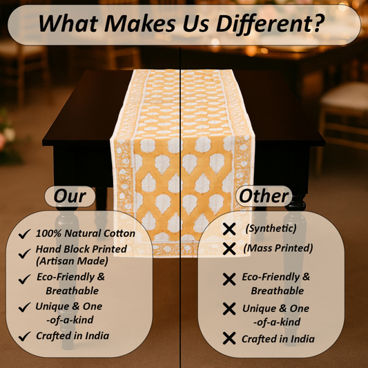 Comparison chart highlighting the differences between 100% natural cotton table runner and synthetic alternatives.
