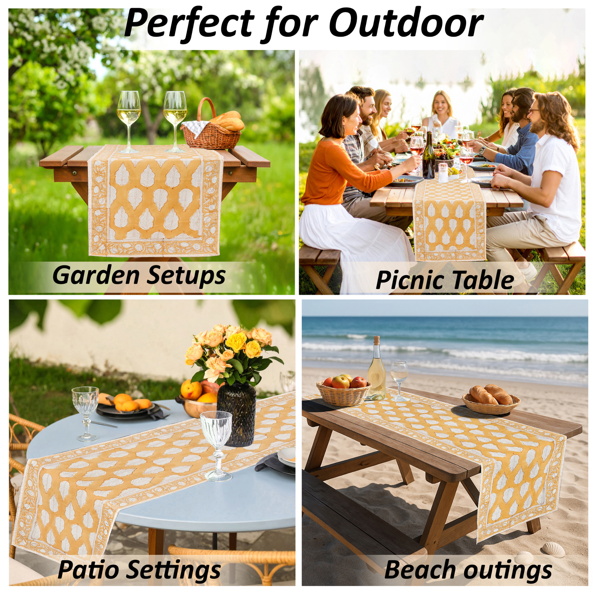 Collage of outdoor settings with a yellow patterned tablecloth, including garden, picnic, patio, and beach scenes.