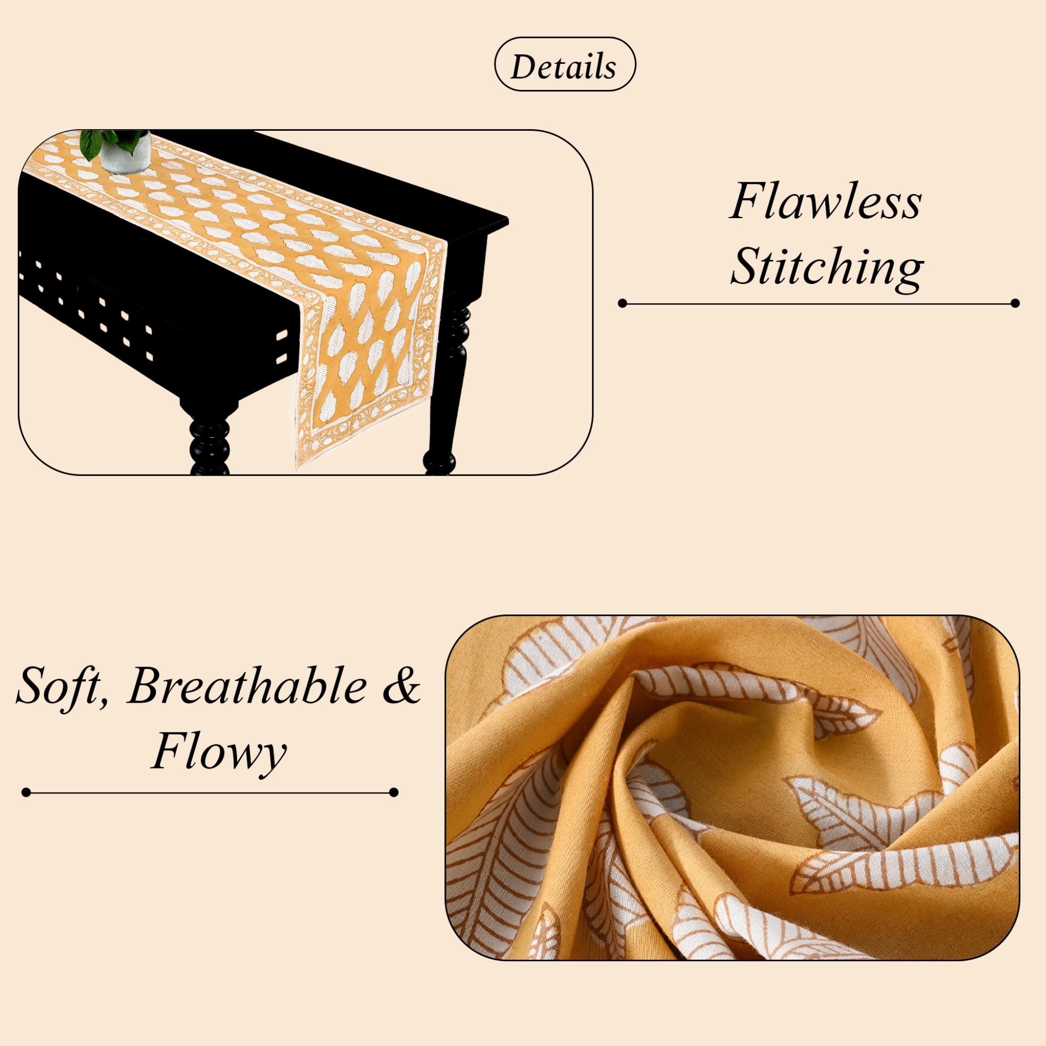 Textured fabric with yellow and white pattern on a beige background, highlighting 'Flawless Stitching' and 'Soft, Breathable & Flowy' qualities.