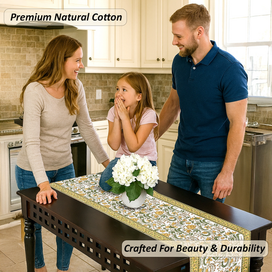 Family in a kitchen with a decorative table runner featuring white flowers.