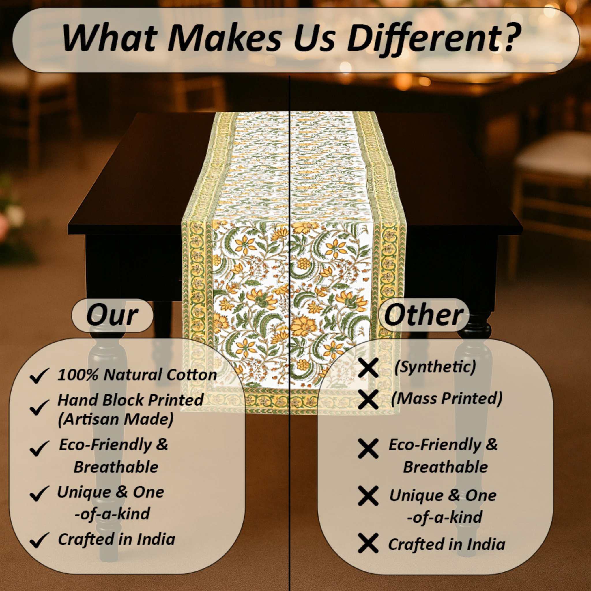 Table runner with text comparing natural cotton products to synthetic ones, set against a blurred indoor background.