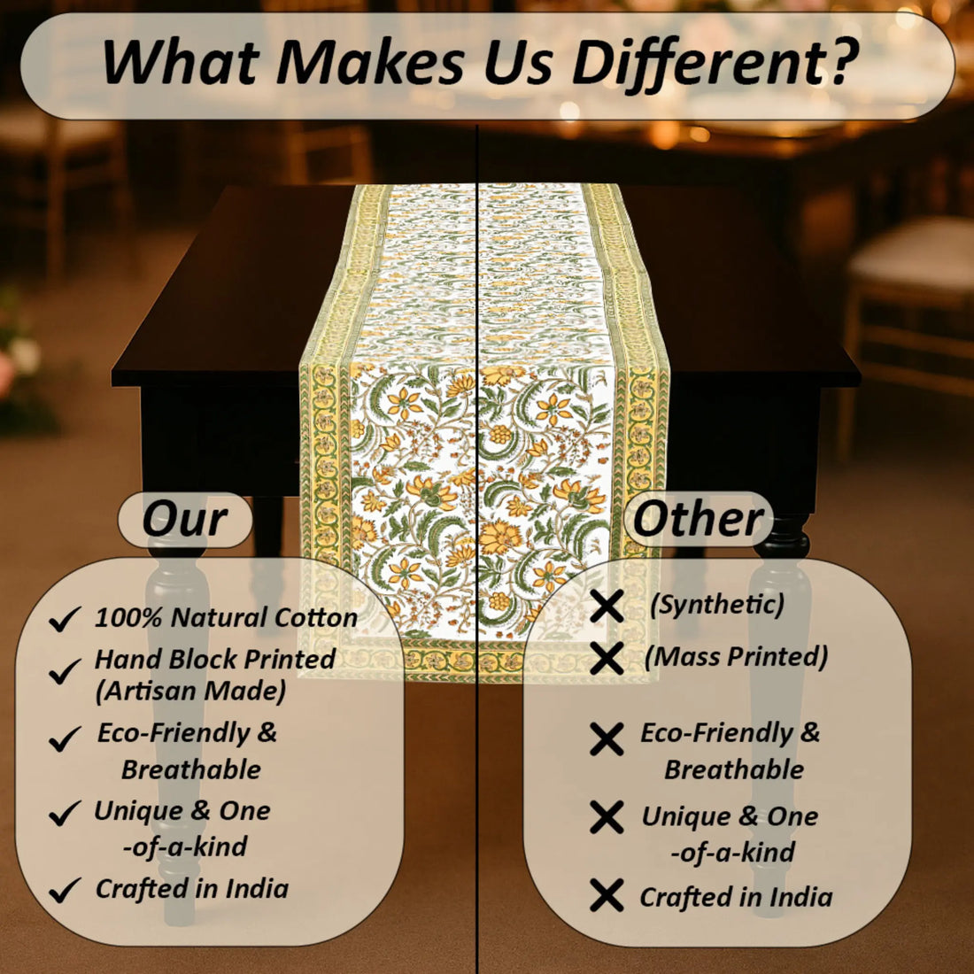 Table runner with text comparing natural cotton products to synthetic ones, set against a blurred indoor background.