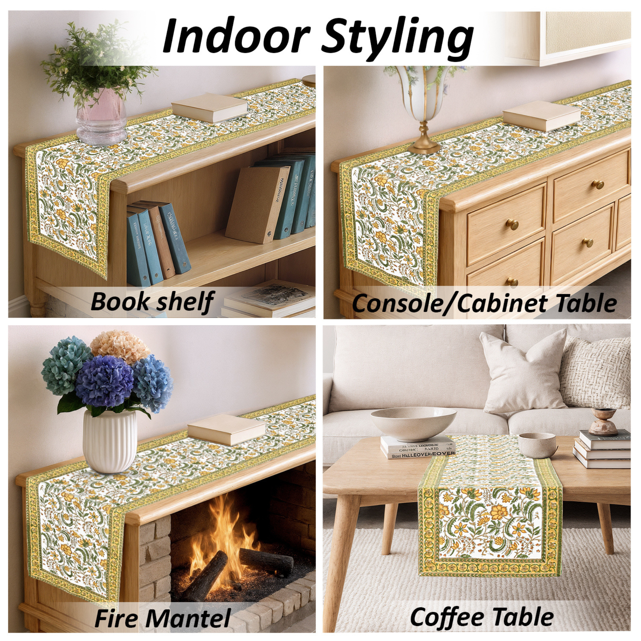 Decorative table runner shown on bookshelf, console cabinet, fire mantel, and coffee table.