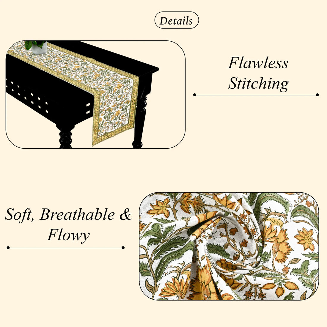 Decorative table runner with floral pattern on a table, labeled 'Flawless Stitching' and 'Soft, Breathable & Flowy'.