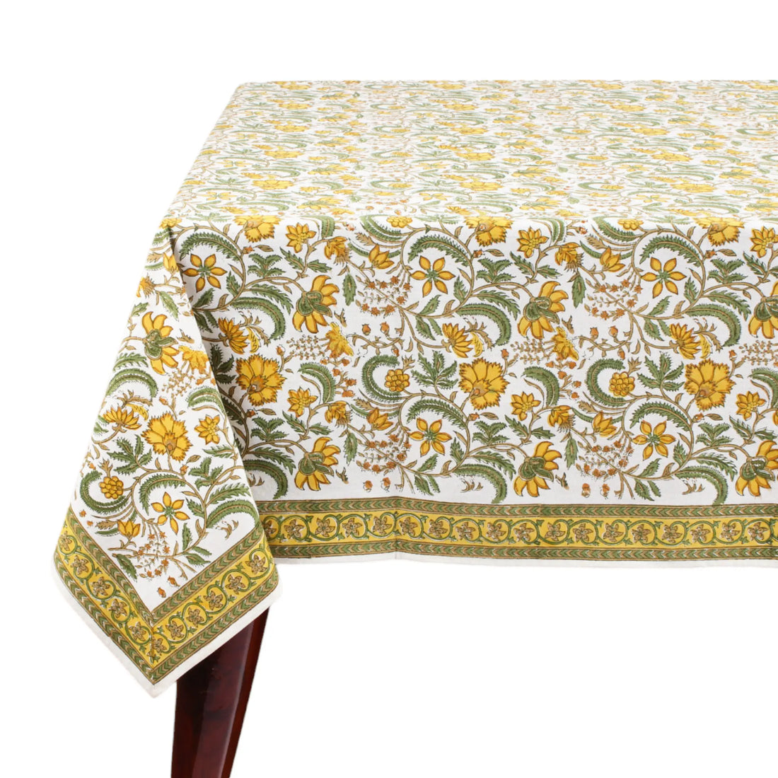 Floral patterned tablecloth with yellow and green design on a white background