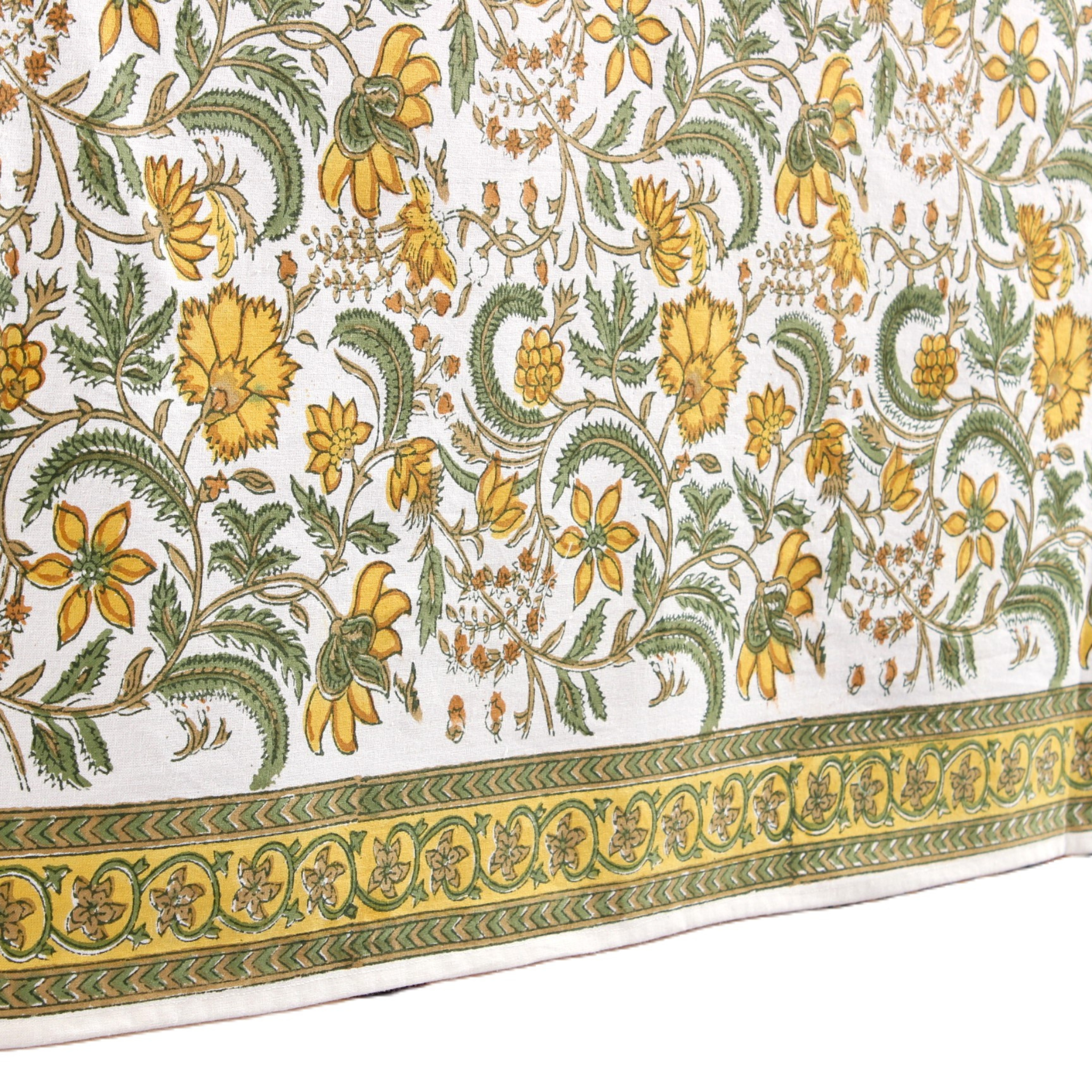 Floral patterned fabric with yellow and green flowers on a white background