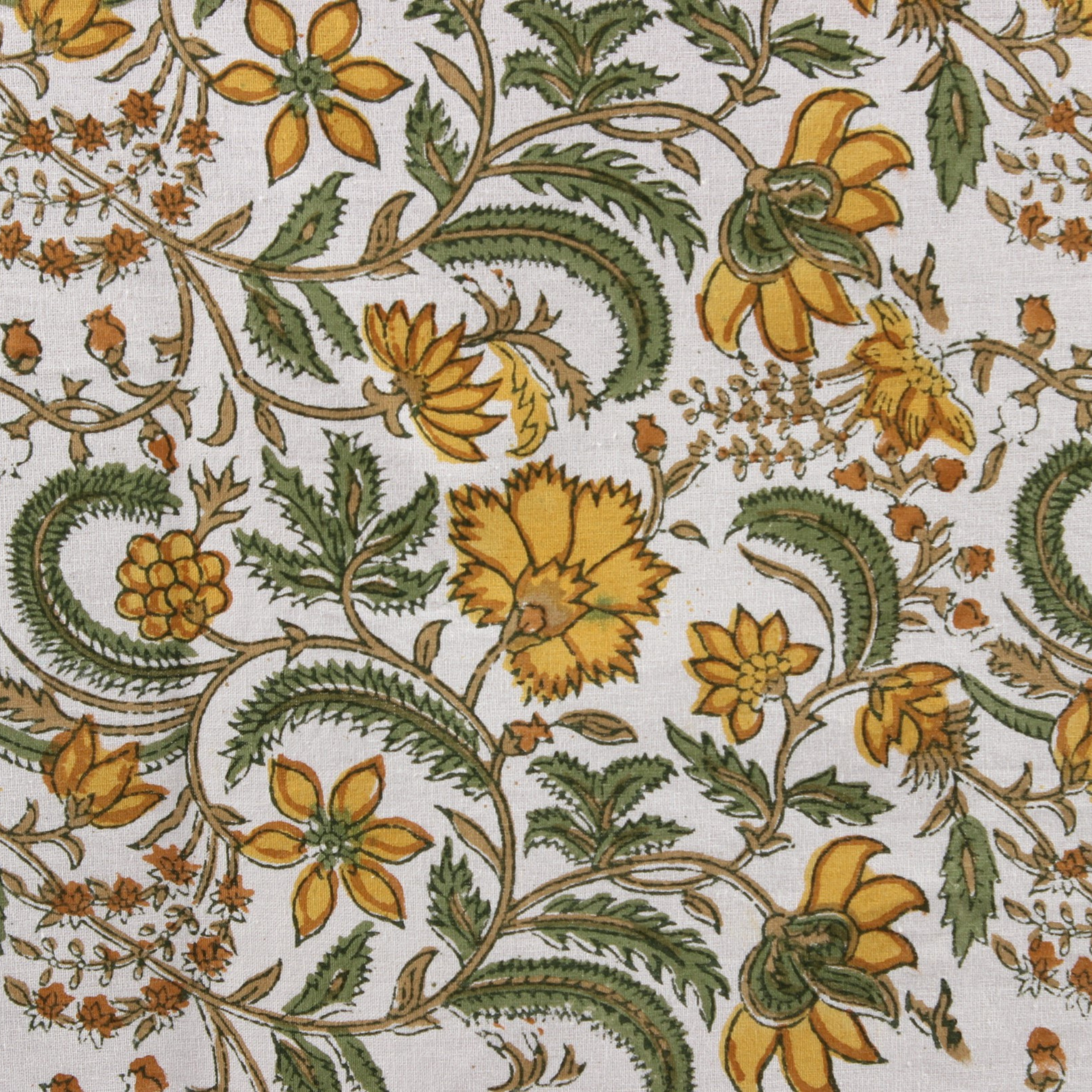 Close-up of floral pattern with yellow flowers and green leaves on a white background