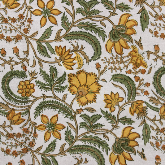 Close-up of floral pattern with yellow flowers and green leaves on a white background