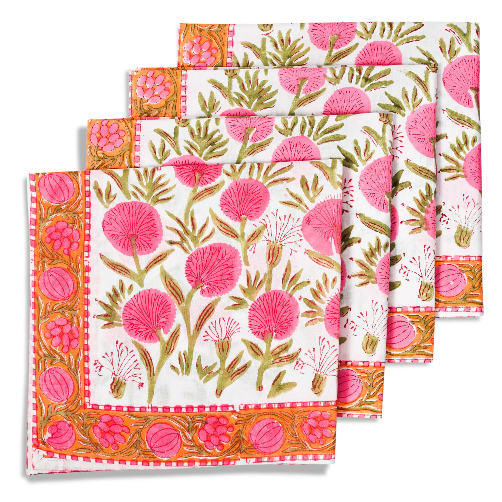 Set of floral patterned napkins with pink flowers and green leaves on a white background
