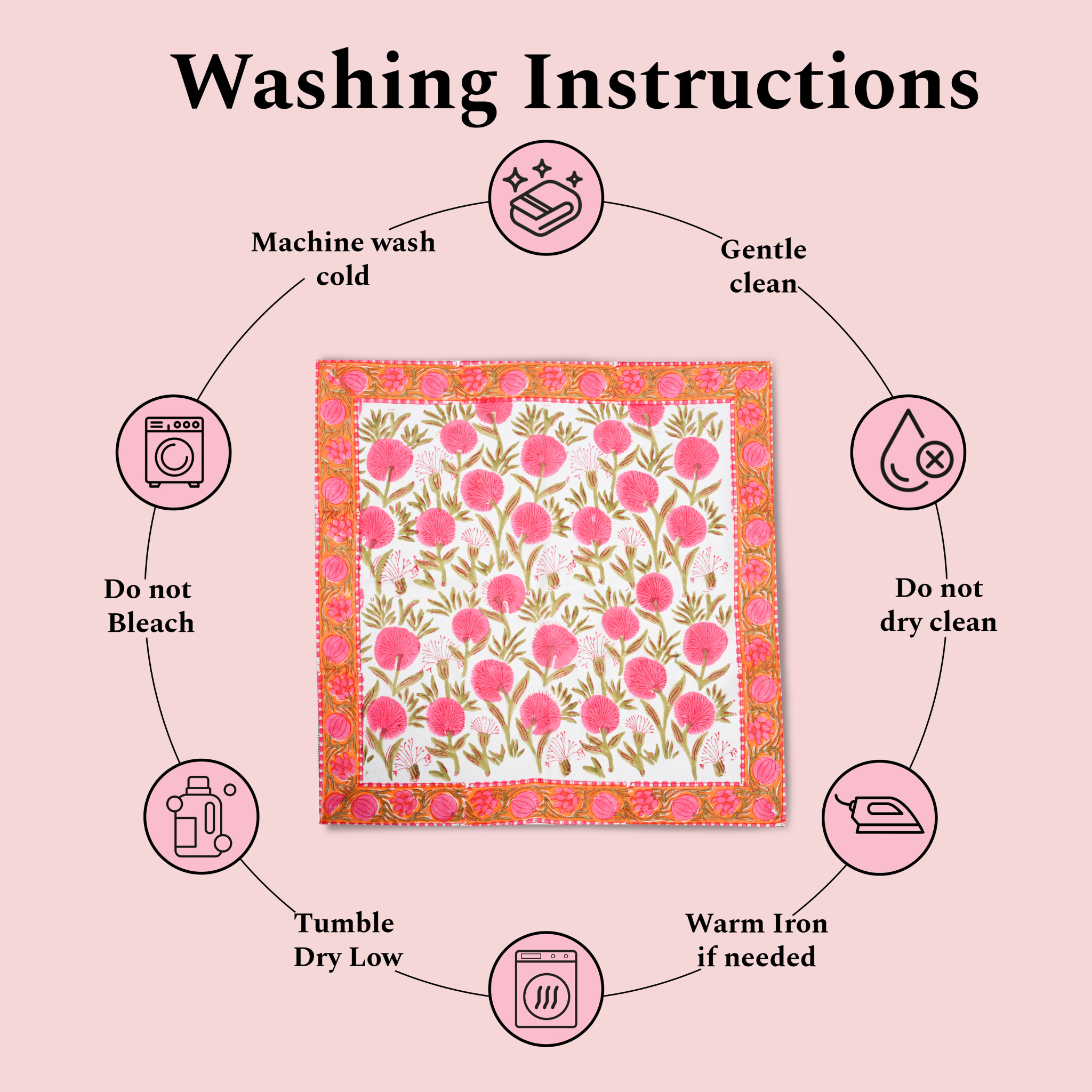 Washing instructions for a floral fabric on a pink background