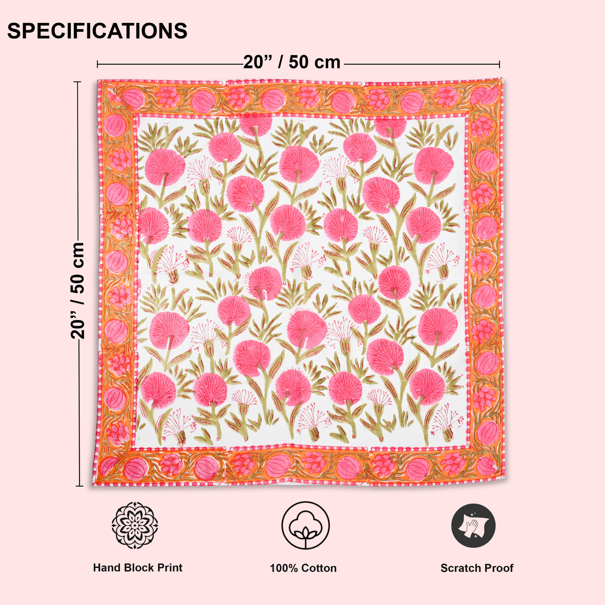 Floral patterned fabric with dimensions and product features on a pink background