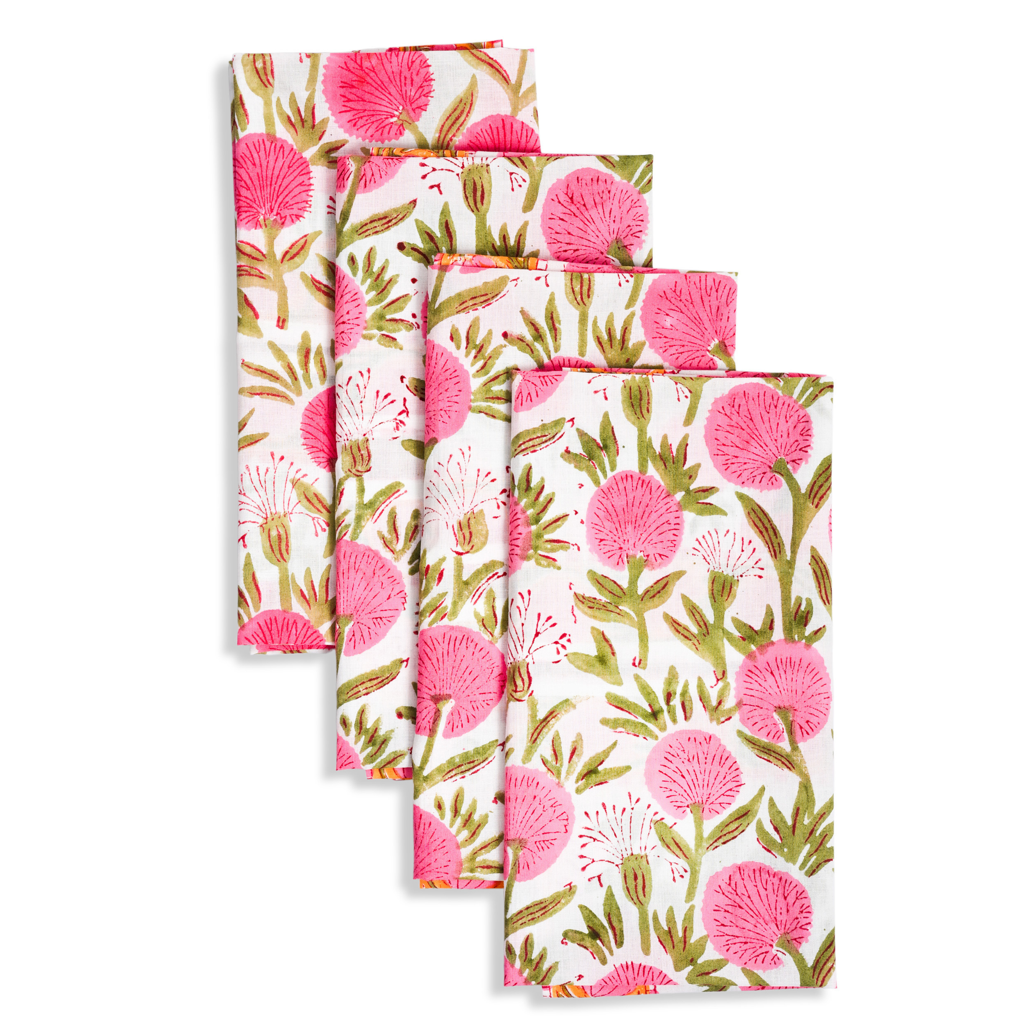 Set of four floral patterned napkins on a white background
