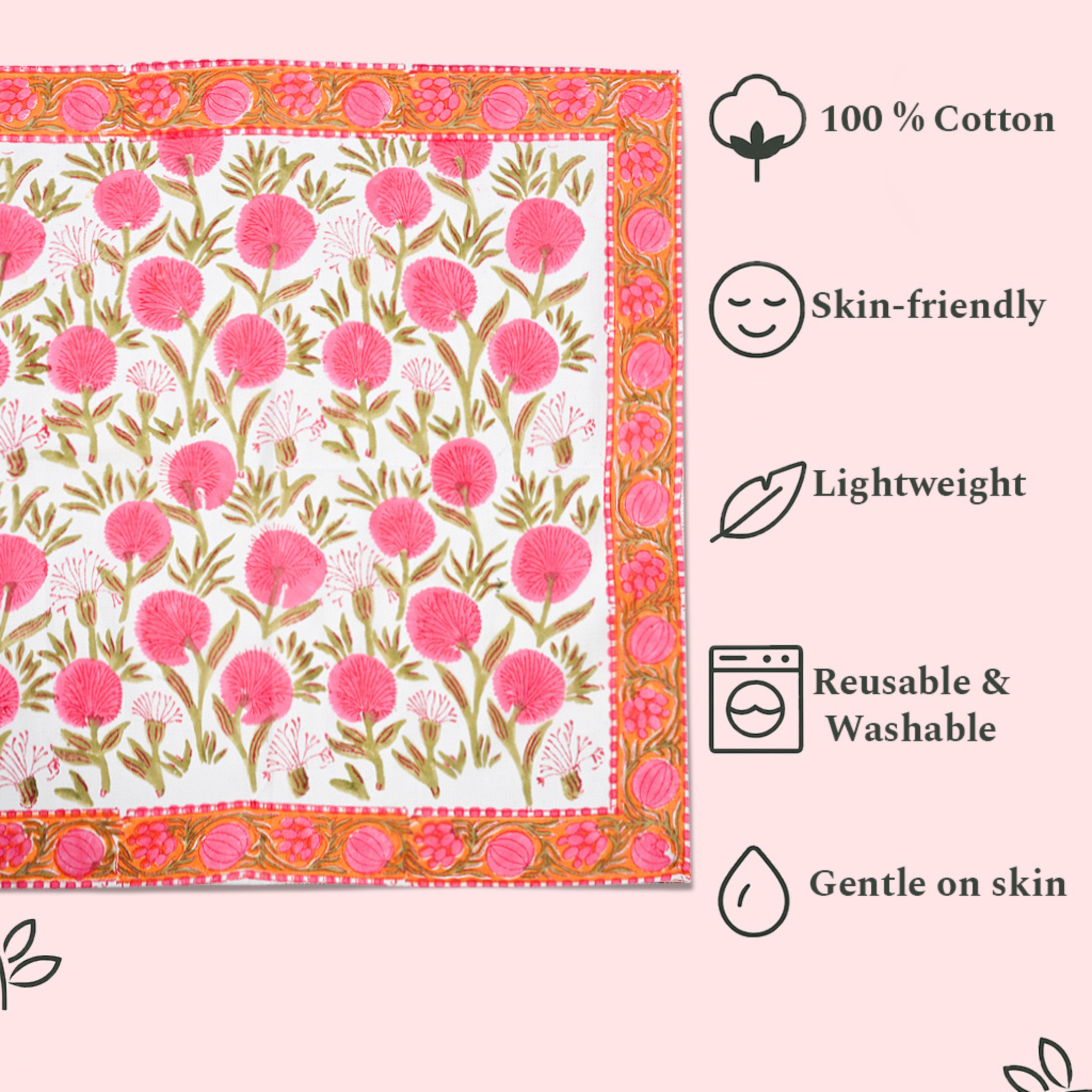 Floral patterned product with sustainability and care instructions on a pink background