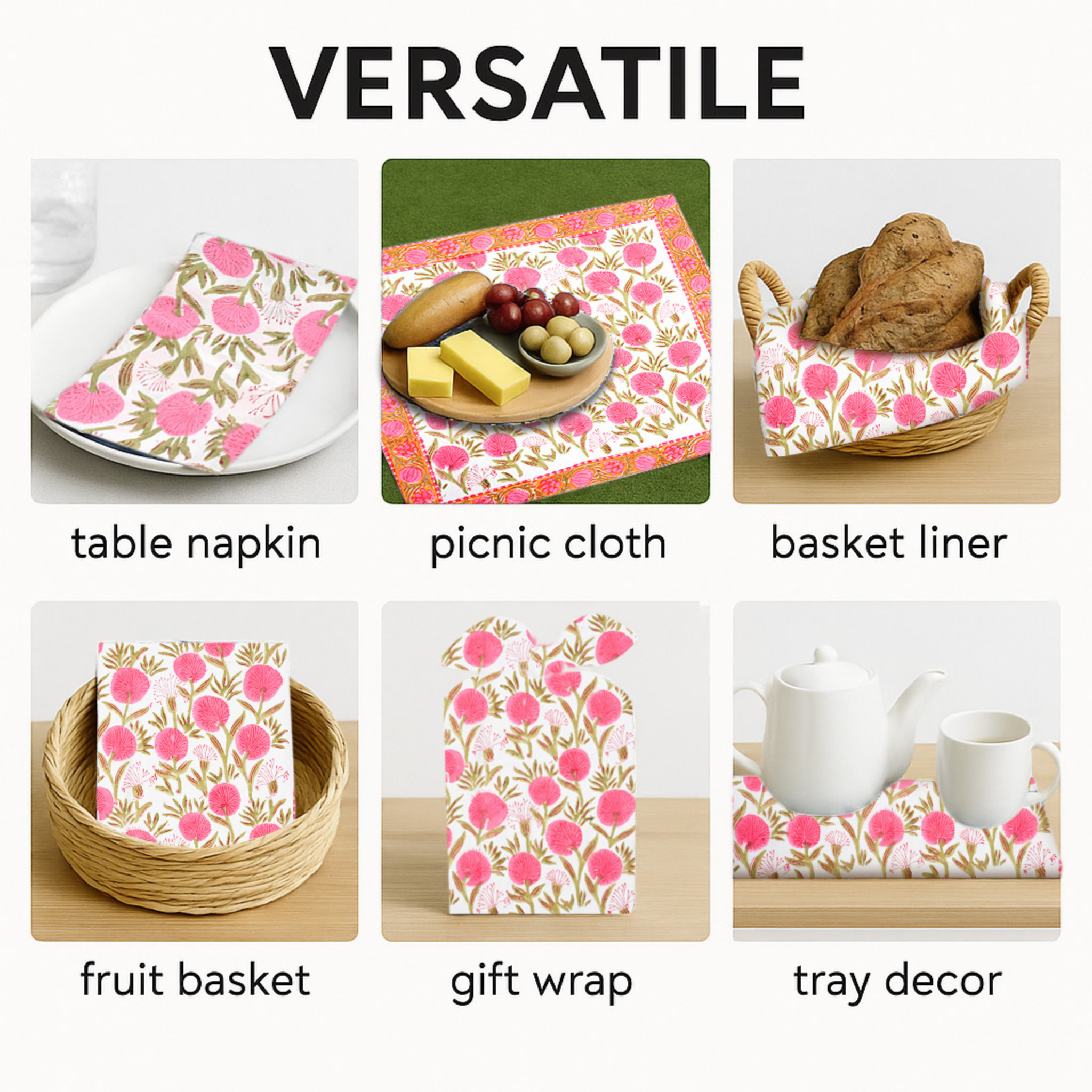 Versatile use of pink floral table napkin, picnic cloth, basket liner, fruit basket, gift wrap, and tray decor.