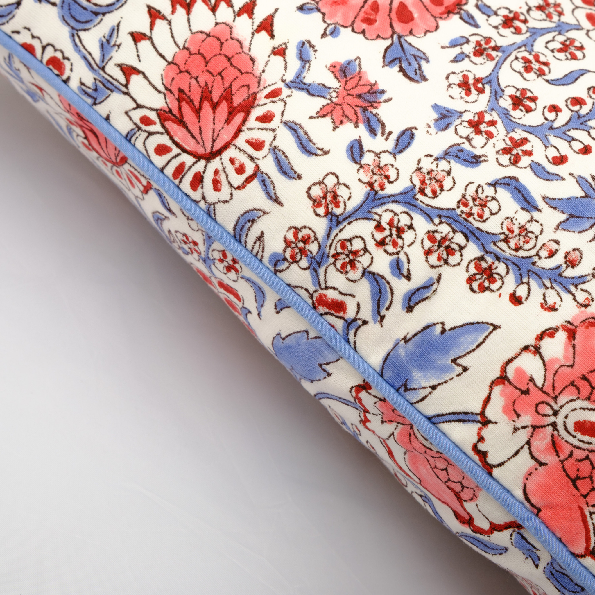 Floral patterned fabric with red and blue flowers on a white background