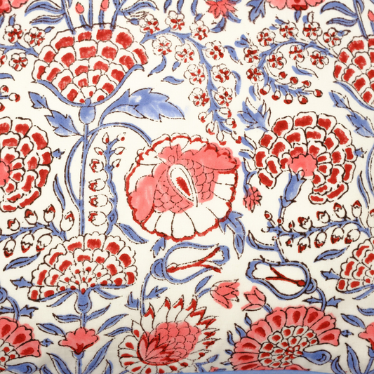 Close-up of a floral pattern with red, blue, and white colors on a white background.