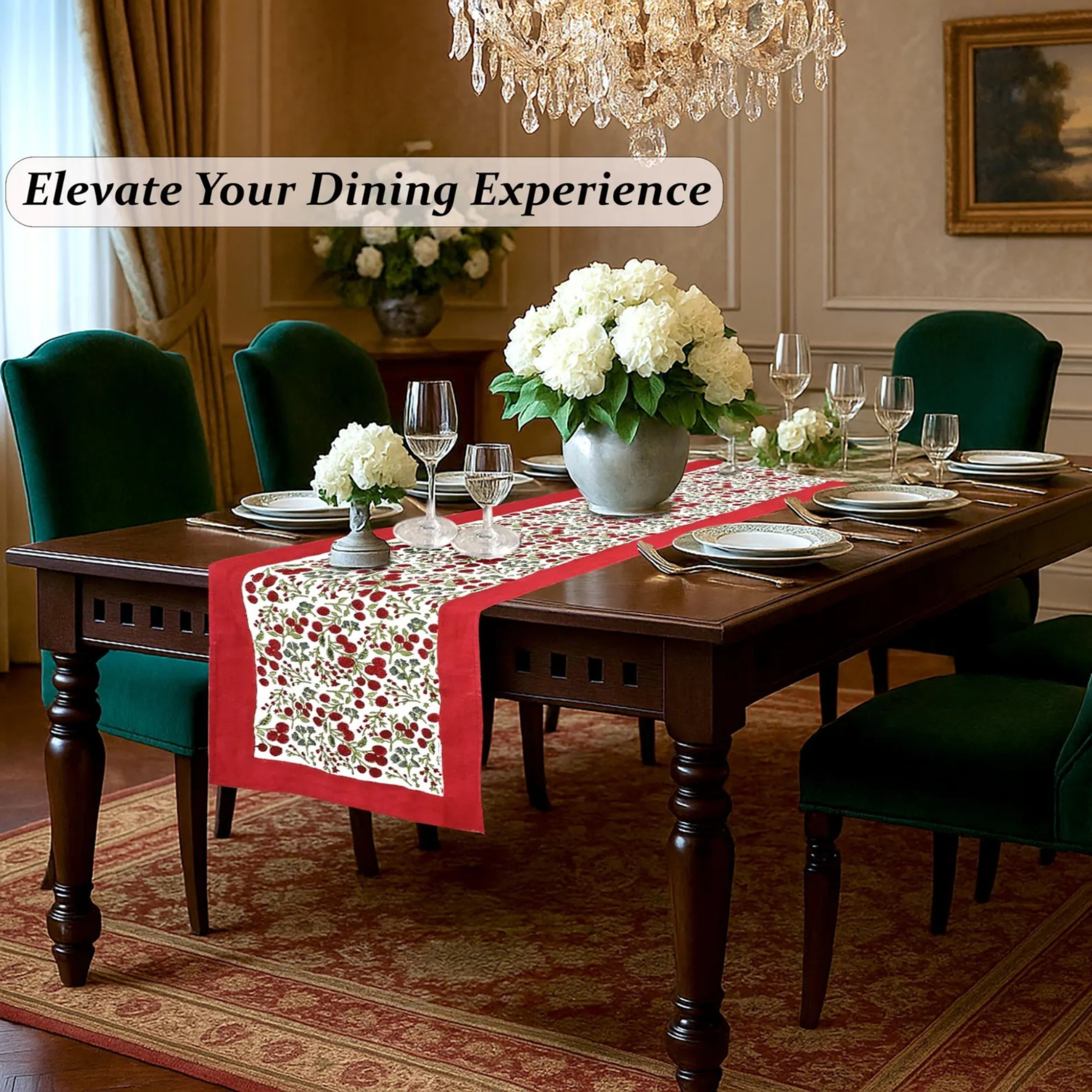 Dining room with a set table, floral centerpieces, and a chandelier.
