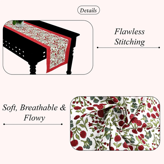 Table runner with floral pattern on a table, highlighting 'Flawless Stitching' and 'Soft, Breathable & Flowy' qualities.