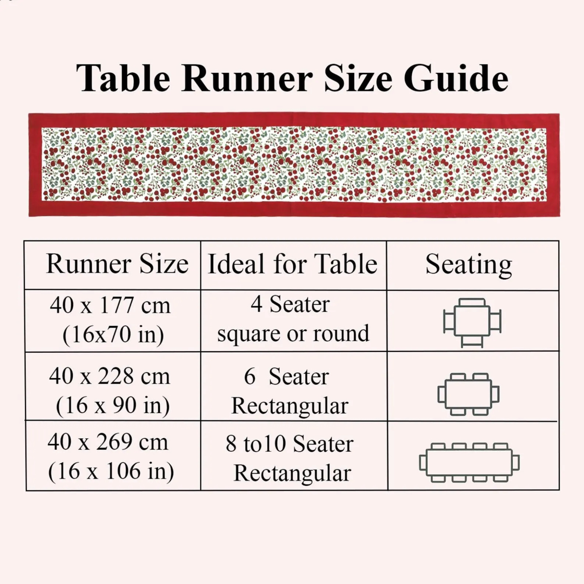 Table runner size guide with measurements and table seating suggestions.
