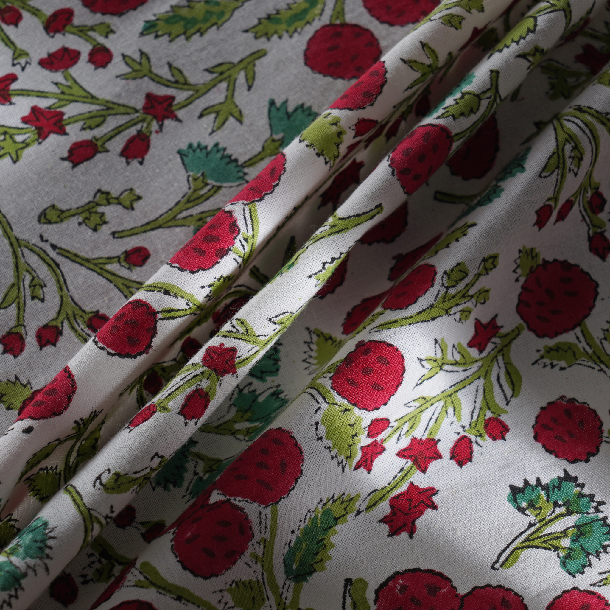 Fabric with red floral pattern on a white background