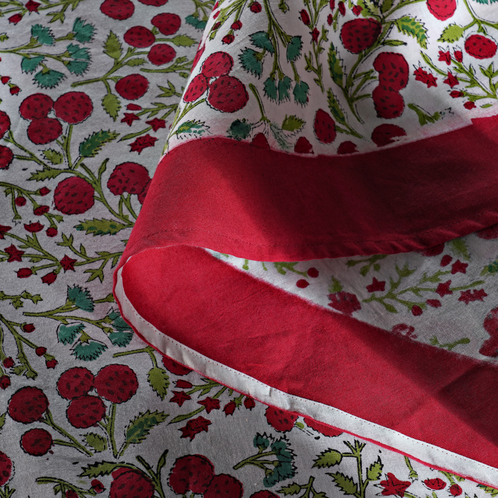 Close-up of a fabric with red floral pattern on a white background