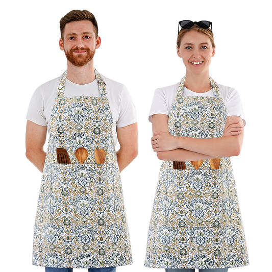 Two people wearing floral aprons with wooden tool holders on a white background