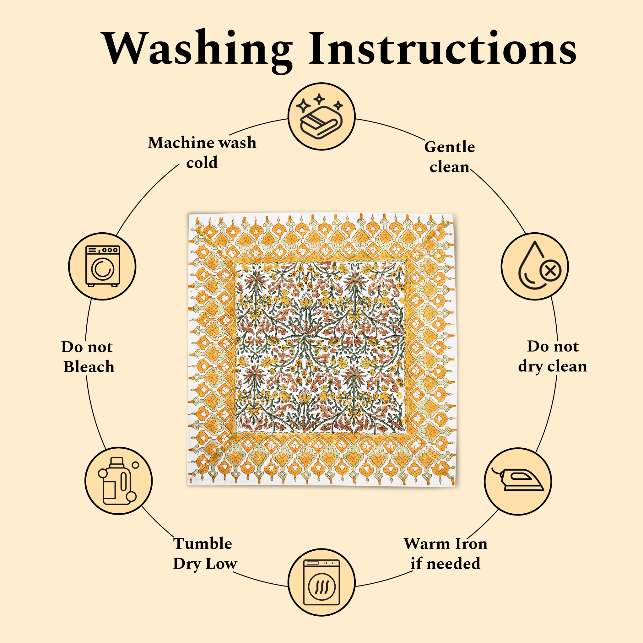 Washing instructions for a fabric product with icons and text on a beige background