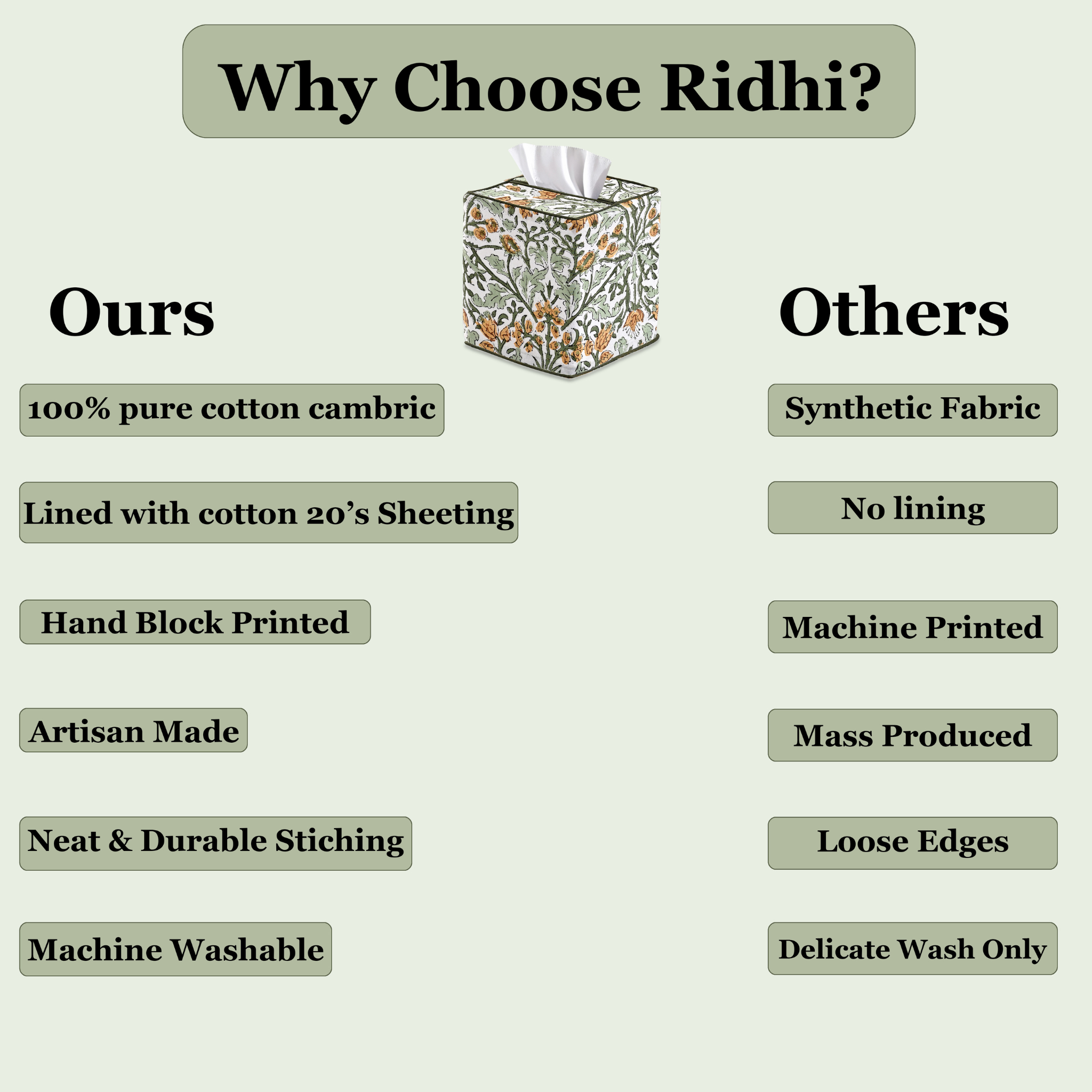 Comparison chart highlighting features of 'Ours' and 'Others' products, with a floral tissue box image.