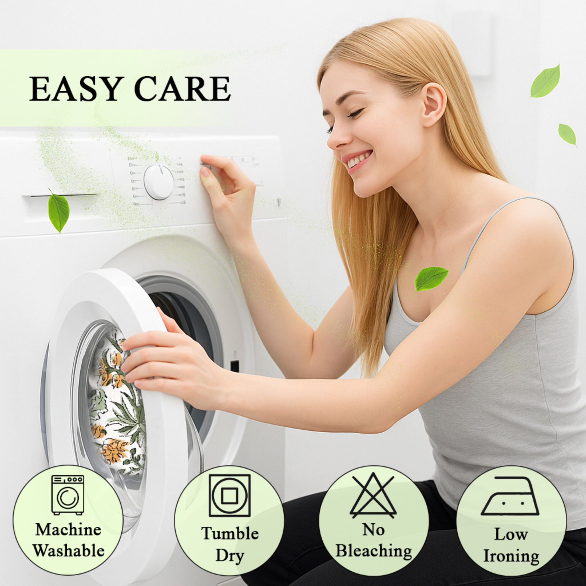 Woman putting cotton pillow cover in washing machine with easy-care icons.