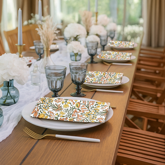 Dining table set with floral-patterned plates and glasses, surrounded by chairs and a window view.