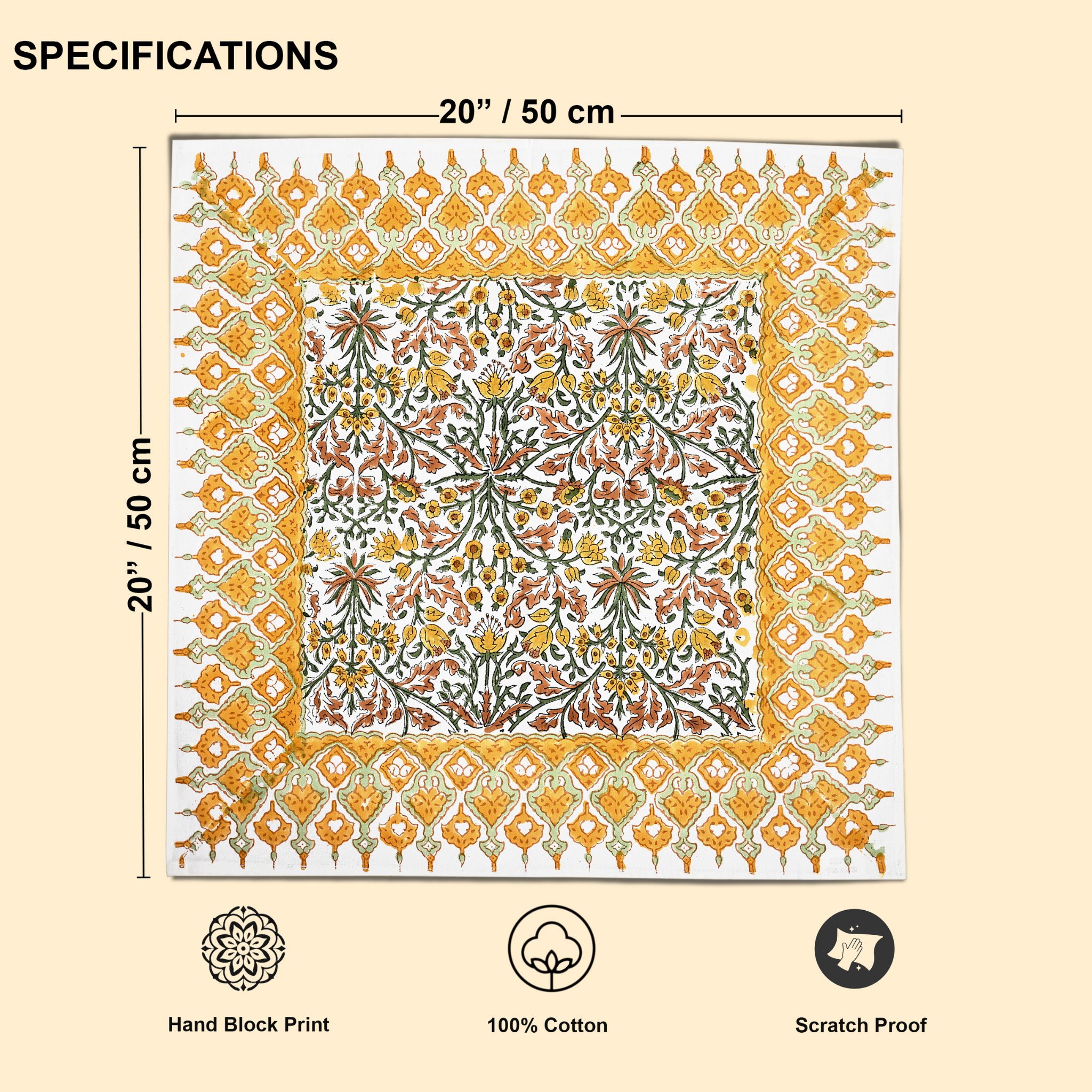 Decorative fabric with floral pattern and border, showing dimensions and material details on a beige background.