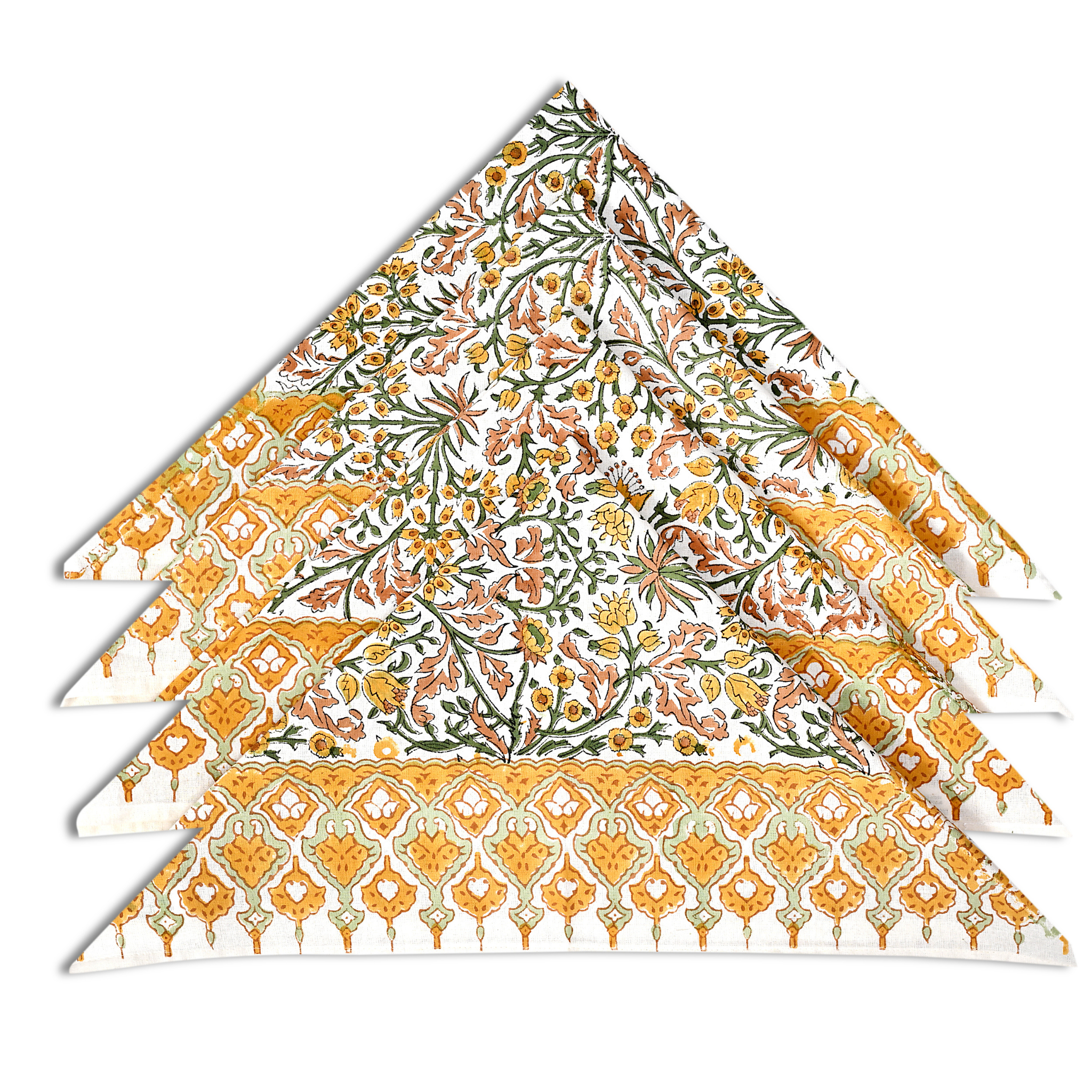 Set of four floral-patterned napkins on a white background