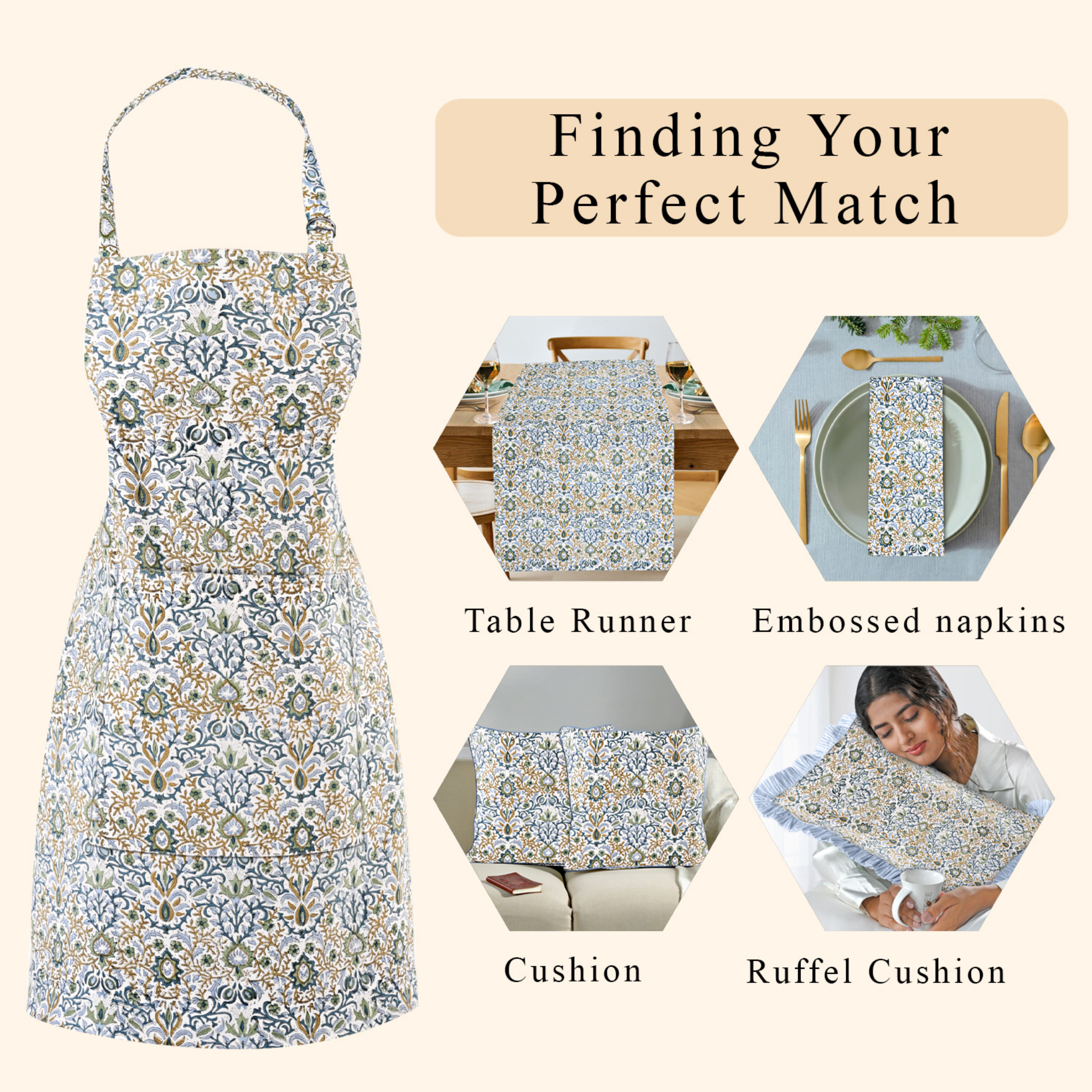 Patterned apron with matching table runner, napkins, cushion, and ruffel cushion on a beige background.