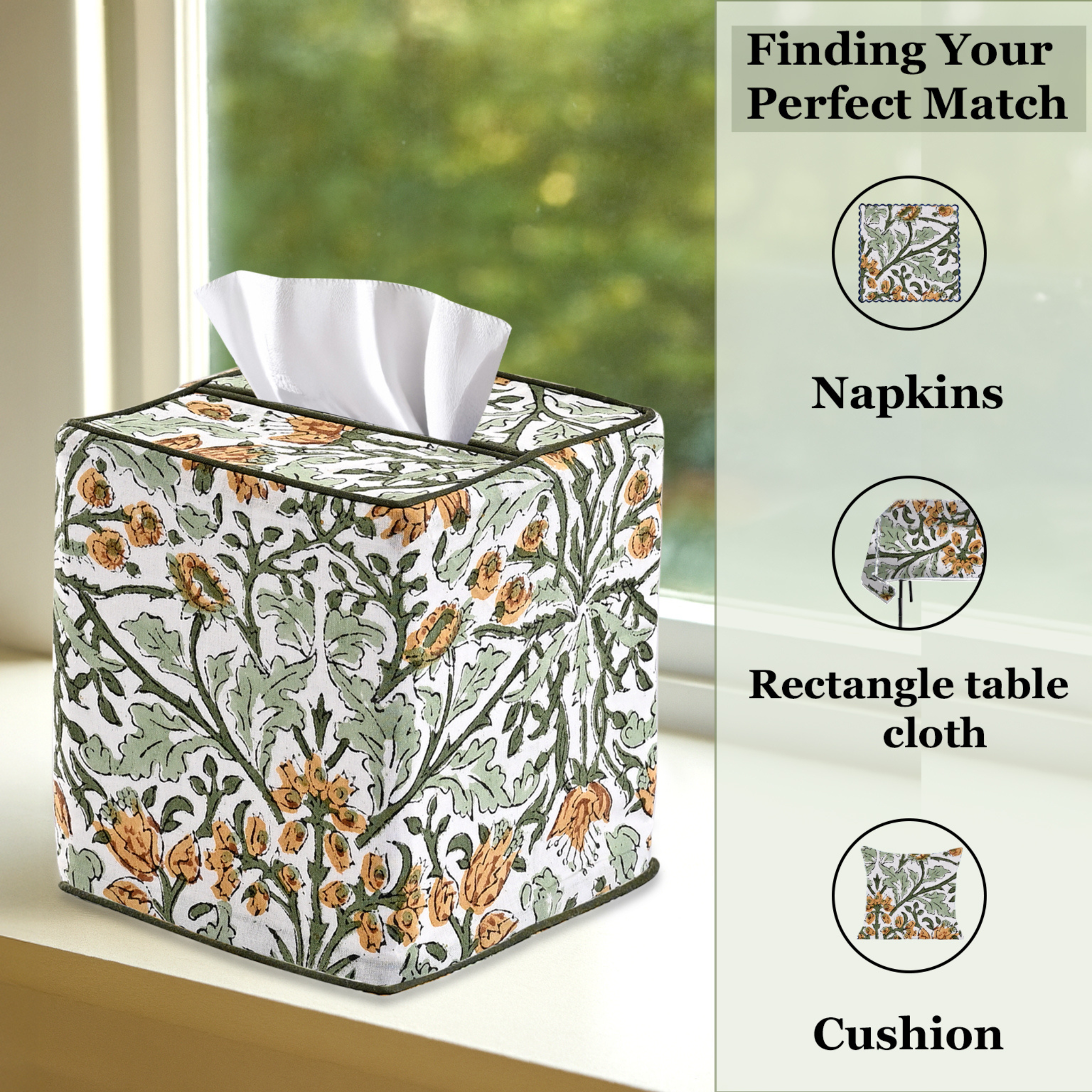 Decorative tissue box cover with floral pattern on a surface, next to text about matching products.