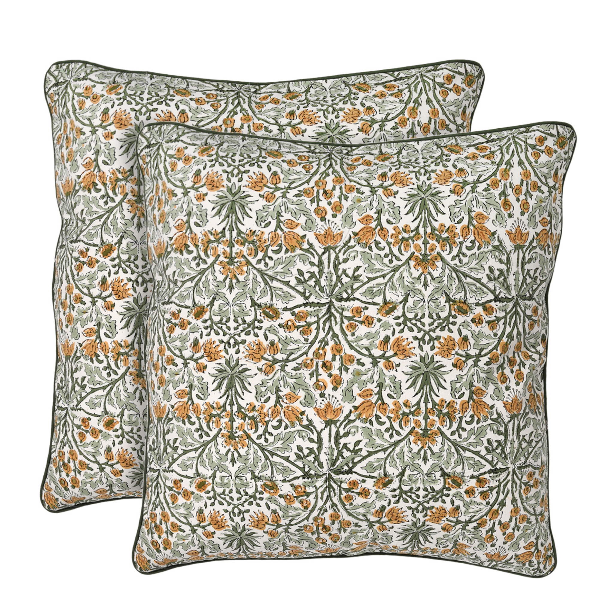 Two floral patterned pillows on a white background
