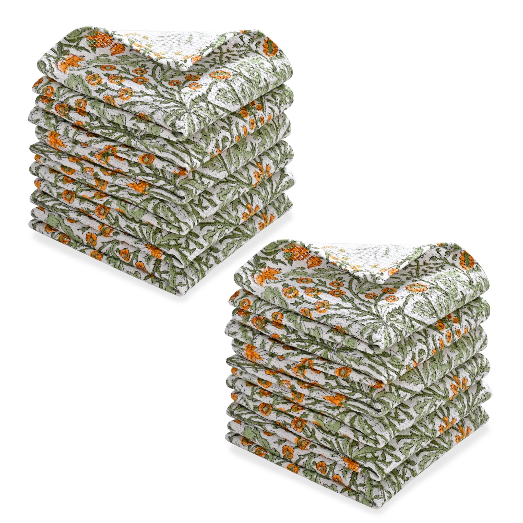 Two stacks of folded fabric with floral pattern on a white background