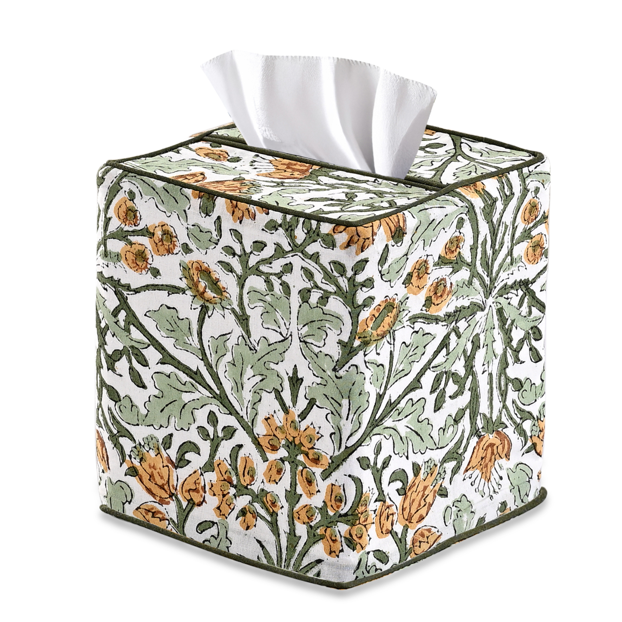 Floral patterned tissue box cover with tissues inside on a white background