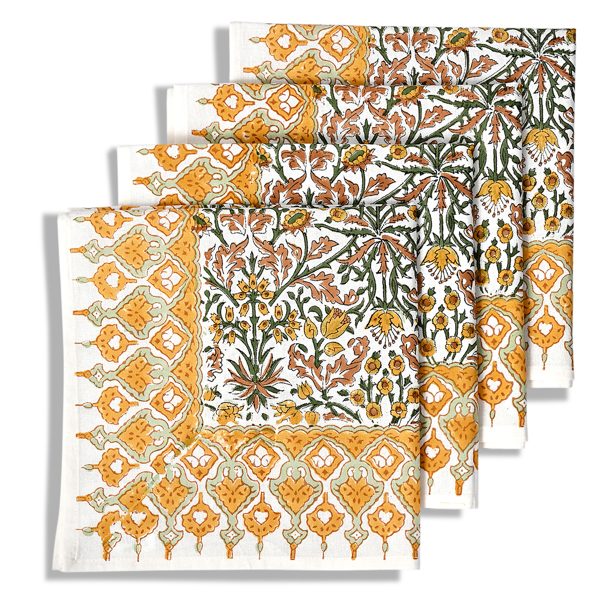 Set of four patterned napkins with orange and green designs on a white background