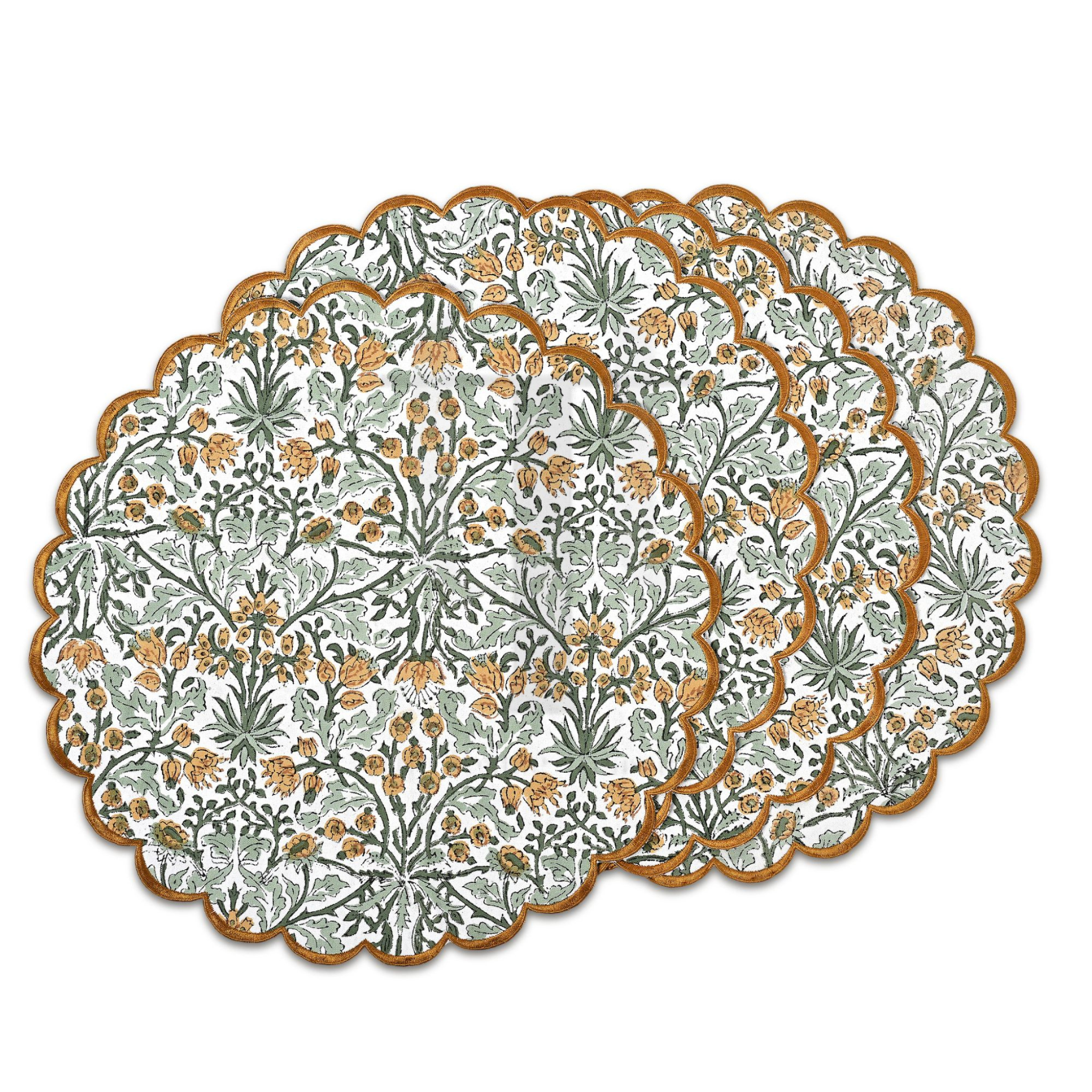 Round floral placemat with intricate design on a white background
