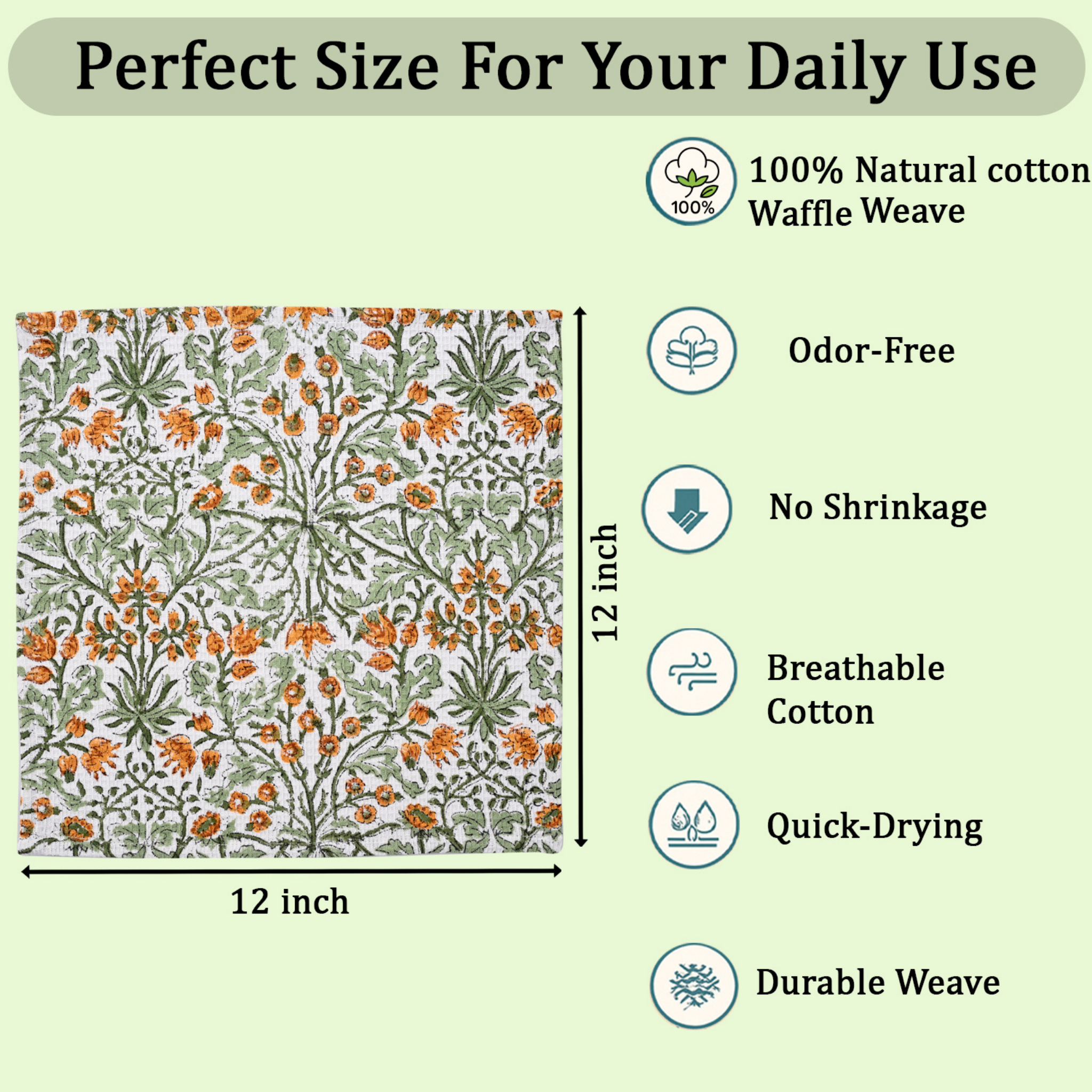 Floral patterned fabric with product features on a green background