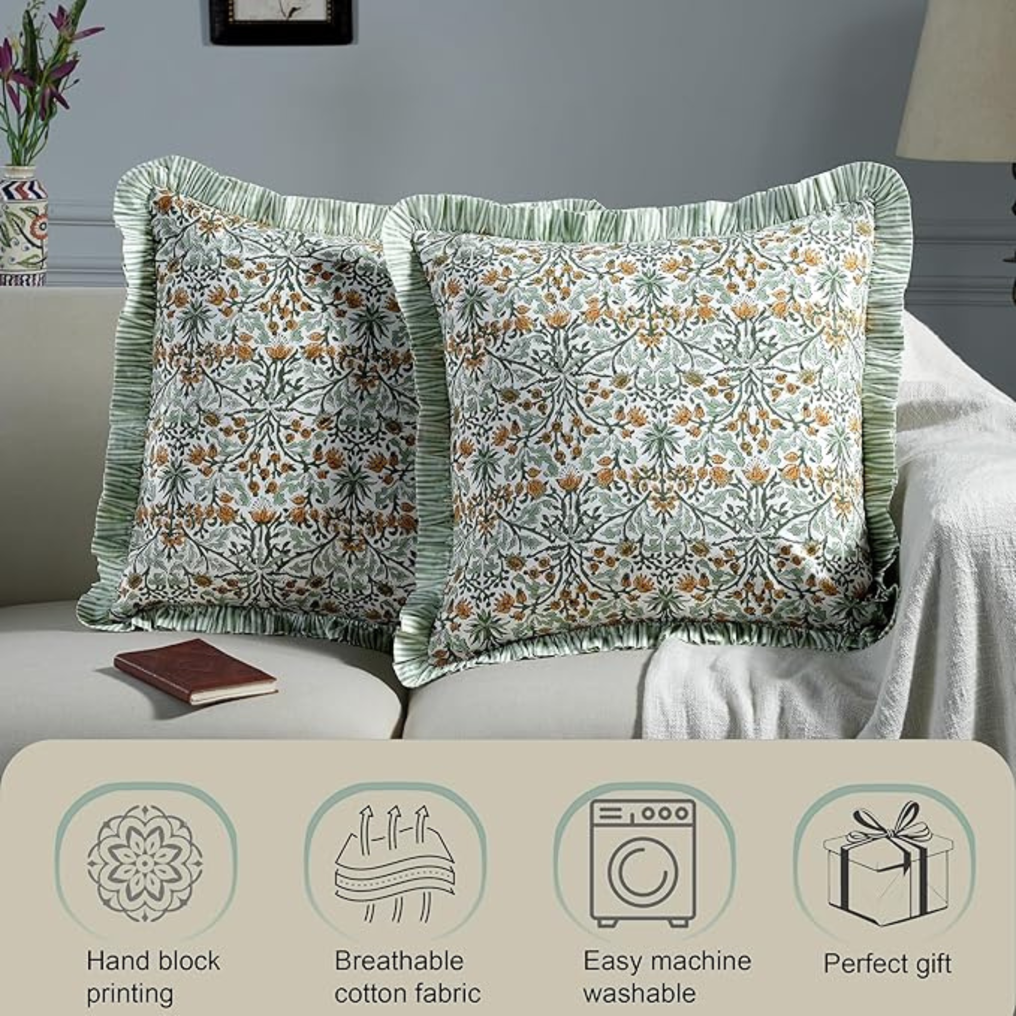 Floral patterned pillows on a sofa with product features displayed below.