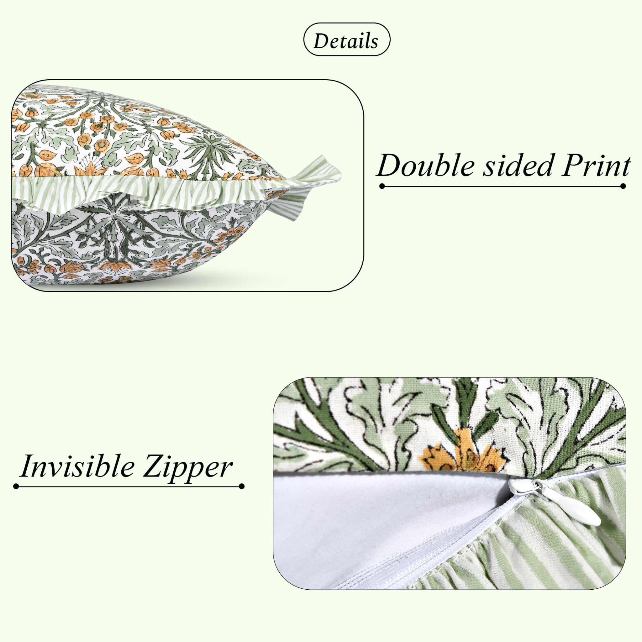 Close-up of cotton pillow cover showing double-sided print and invisible zipper.