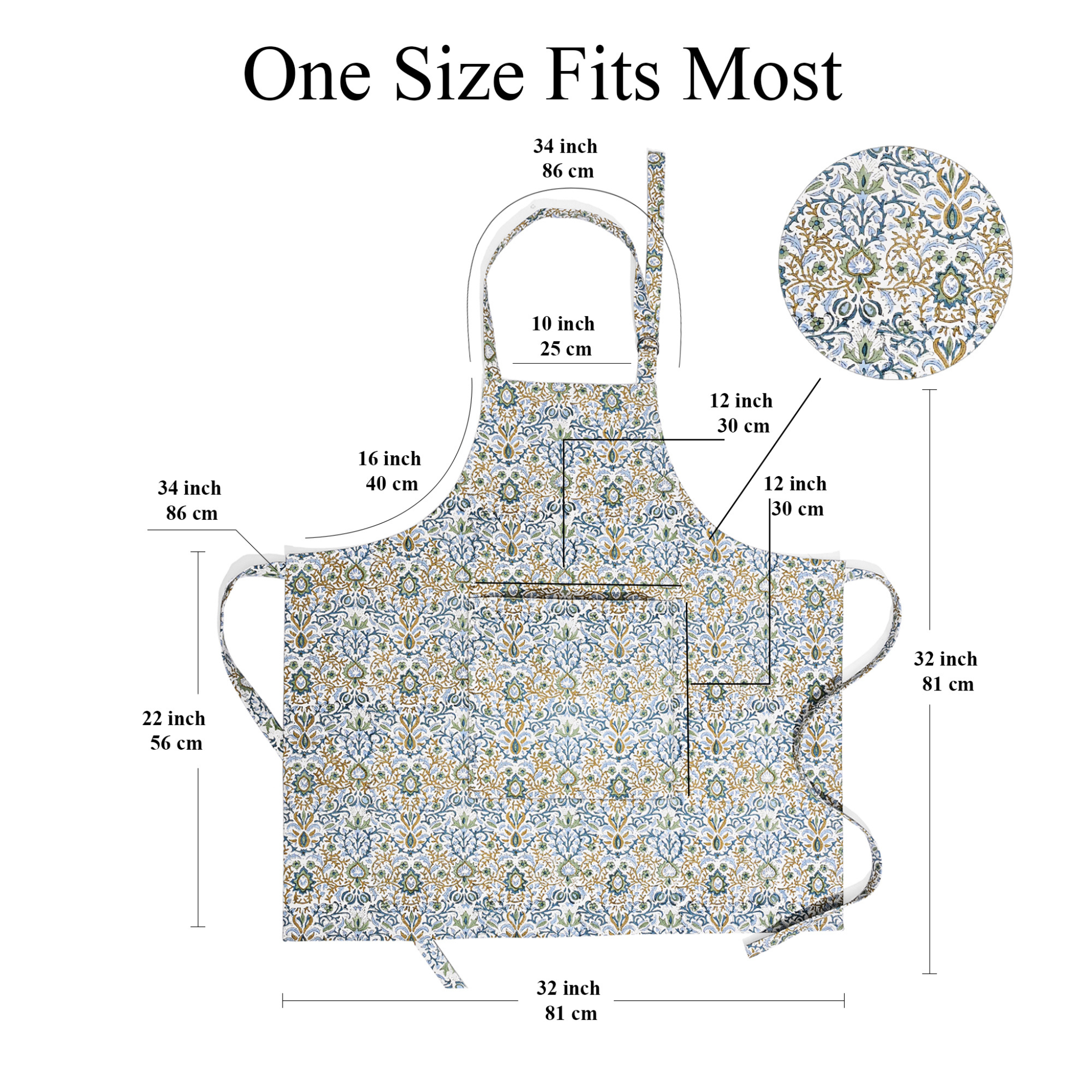 Floral apron with measurements on a white background