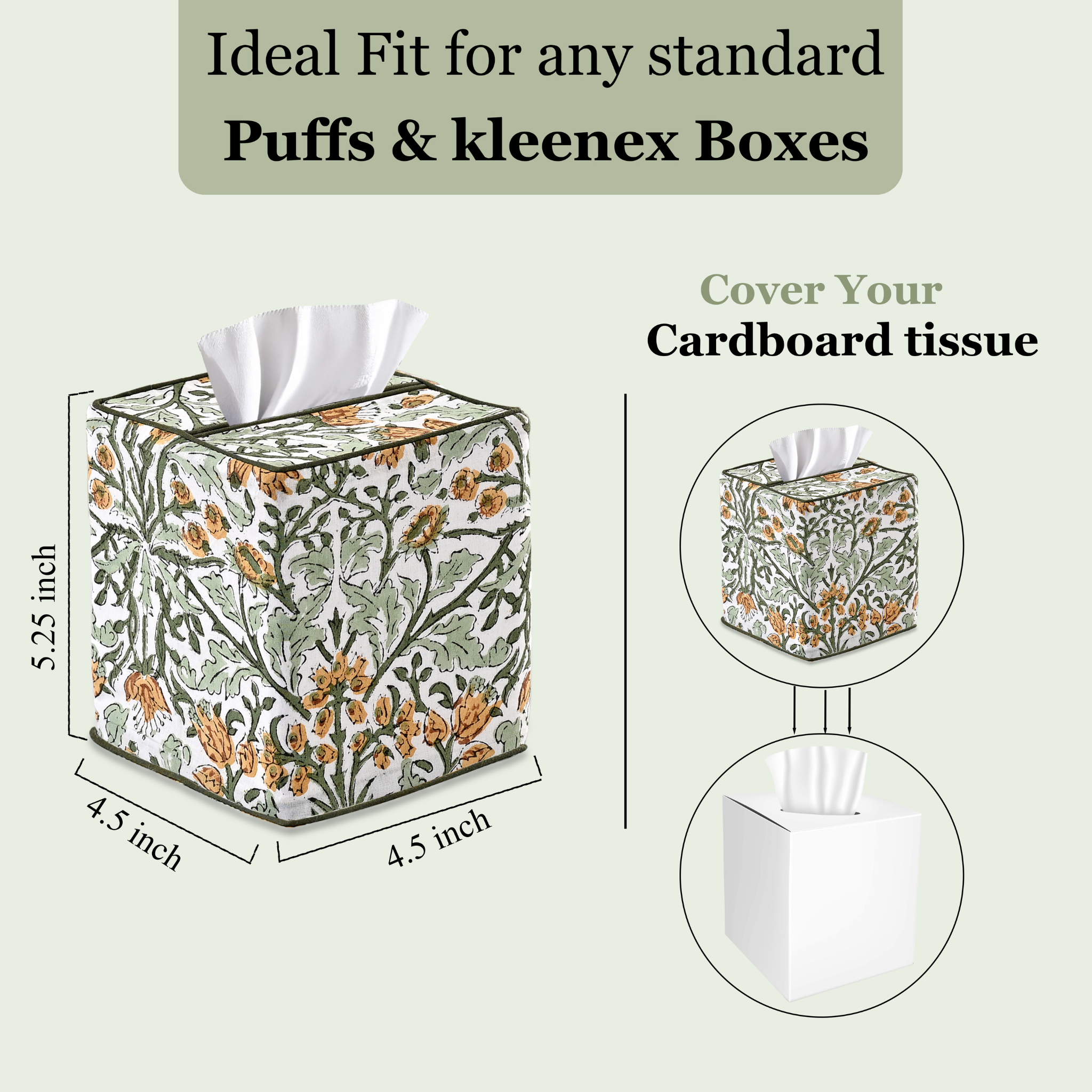 Floral-patterned tissue box cover with dimensions and text on a light green background